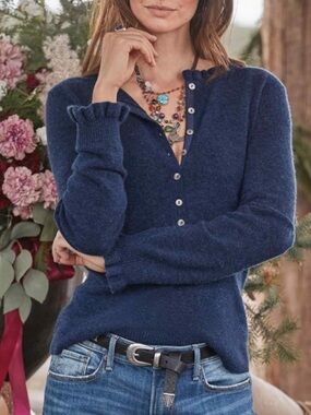 Sundance Edwina Ruffle Henley Sweater in Indigo Blue